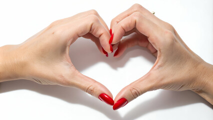Obraz premium A closeup shot of elegant woman’s hands forming a heart shape, symbolizing love and care. The hands are beautifully manicured with bold red nail polish, isolated on a clean white background. 