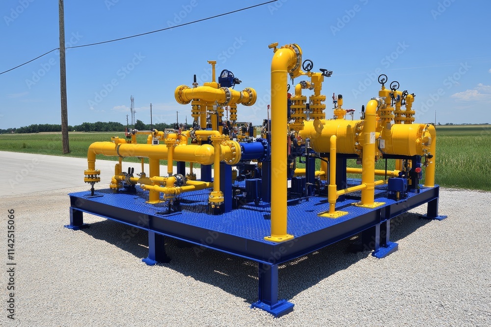 Poster brightly colored gas distribution equipment installed on a platform in an open field under clear ski