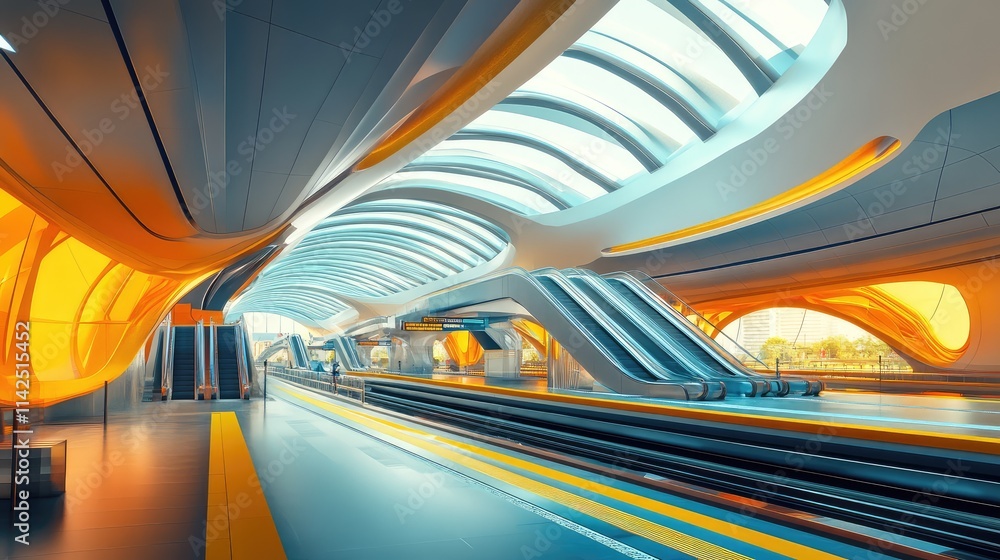Poster a dynamic angle of a high-speed train station showing layered platforms and escalators connecting pa