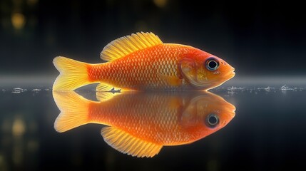 Stunning Orange Fish Gliding Gracefully on Still Water with Mirror-like Reflection Highlighting Vibrant Colors and Sleek Form Against a Soft Focus Background