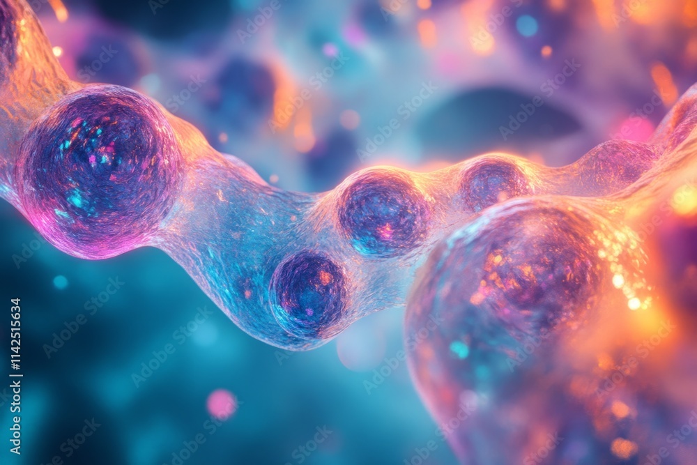 Poster microscopic visualization of cellular structures undergoing division and growth, forming interconnec