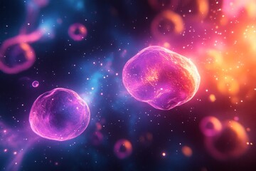Naklejka premium Plasma cells are glowing and floating in colorful outer space with nebula, stars, and other cells