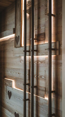 Wooden Wall with Metal Pipes and Heart Decorations and LED Lighting