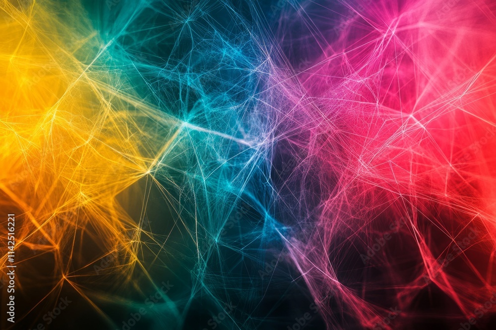 Poster colorful interconnected lines forming a dynamic network visualization, ideal for technology, communi