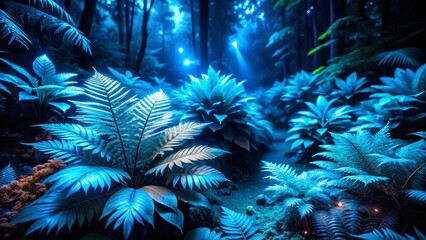Cyan Nature Night Photography: Dark Blue Forest, Bioluminescent Plants, Low Light Scene