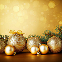 gold christmas ornaments and pine branches with glowing bokeh background