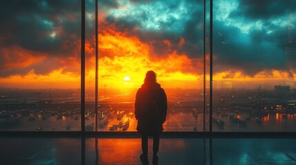 Silhouette against a vibrant sunset at an airport.