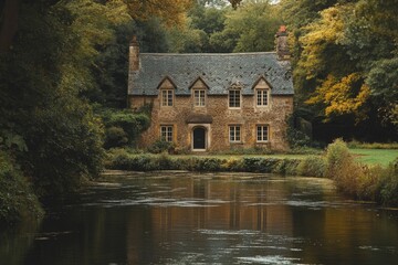 Obraz premium Charming stone cottage nestled by a tranquil river, surrounded by vibrant foliage, creating a serene autumnal scene