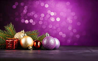 christmas ornaments and gift box with purple bokeh lights background