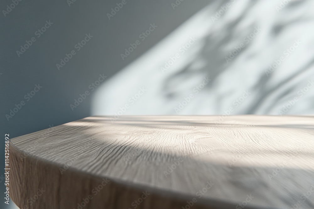 Poster close-up view of a wooden table with soft shadows cast on minimalist background, showcasing natural 