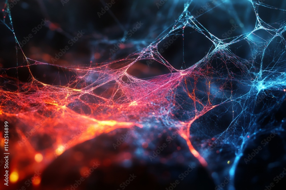 Poster complex web of glowing lines forming an intricate network, suggesting technological connections and 