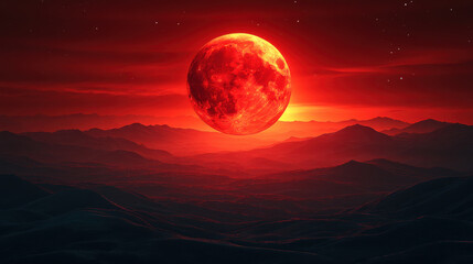 stunning red moon rises over dramatic landscape, casting enchanting glow across mountains and valleys. starry sky enhances mystical atmosphere of night