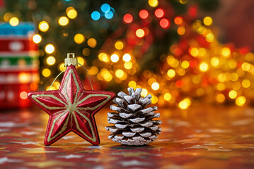 festive christmas background, red star ornament and a frosted pine cone in front of warm golden bokeh lights. ideal for xmas, new year, holiday cards, and seasonal decorations.