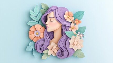 Elegant paper art of woman with purple hair surrounded by blooms