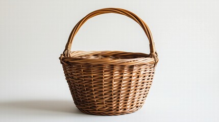 Wicker basket with handle on plain white background. Storage or picnic concept