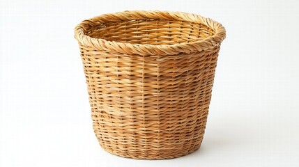 Obraz premium Tall woven wicker basket on white background. Storage and organization concept