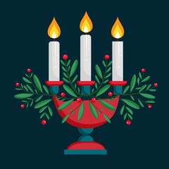 Christmas Candle Holder with Greenery and Red Berries in Green Background.