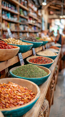 Fototapeta premium Colorful spices and herbs displayed in wooden bowls at market