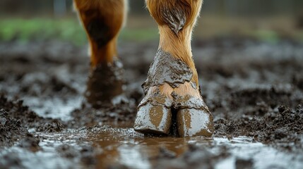 Close-up of Horse Hooves in Mud: A Glimpse into Farm Life