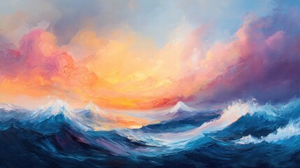 Vibrant seascape painting with colorful waves and sunset sky