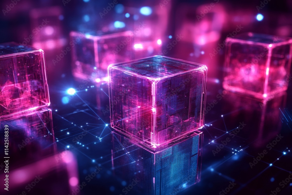 Poster futuristic glowing cubes represent blockchain technology, data storage, and network connections in d