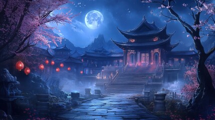 Fototapeta premium Serene Nightscape of a Traditional Asian Temple Under Moonlight