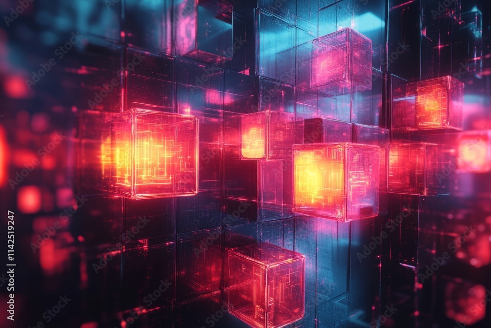 Poster abstract glowing cubes forming a futuristic data storage structure in cyberspace