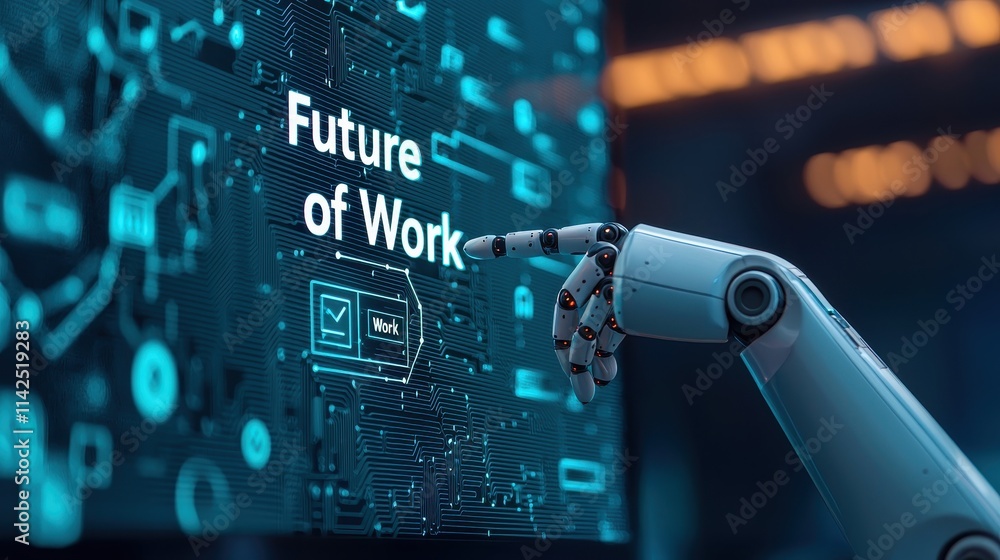 Poster a robotic hand interacts with a digital screen displaying 