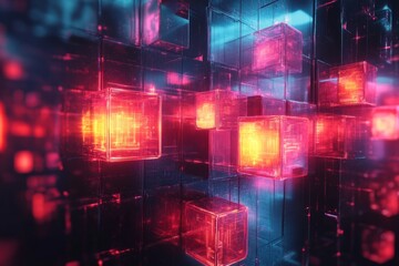 Fototapeta premium Abstract glowing cubes forming a futuristic data storage structure in cyberspace