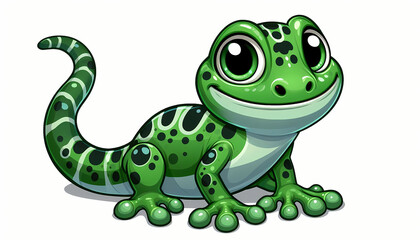 Fototapeta premium A cheerful green amphibious gecko with large eyes and playful spots, poised on a light background.