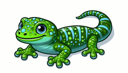 Colorful cartoon amphibious gecko with large eyes and a vibrant green pattern.