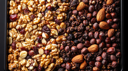 Fototapeta premium vibrant background of mixed nuts including walnuts, almonds, and hazelnuts, showcasing variety of textures and colors that create appealing visual feast