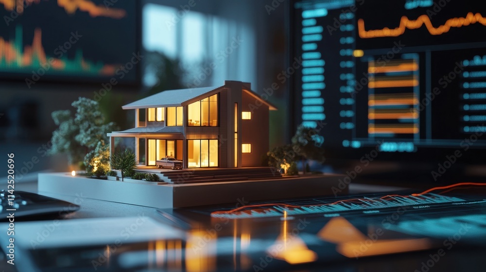 Poster Modern Architectural Model with Data Analytics Background Display