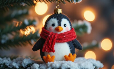 Cute penguin ornament with festive lights