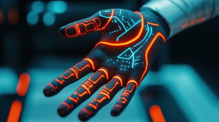 A futuristic, illuminated hand with intricate designs, showcasing advanced technology and a vibrant color palette.