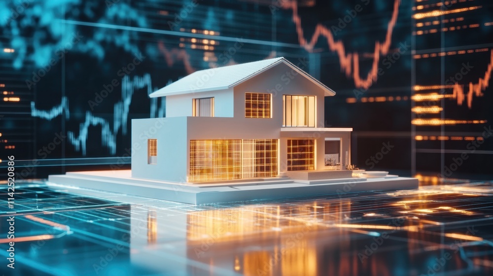 Poster modern house model on digital display with financial graphs background