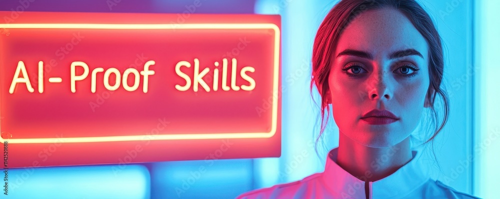 Poster a woman poses confidently in front of a neon sign reading 