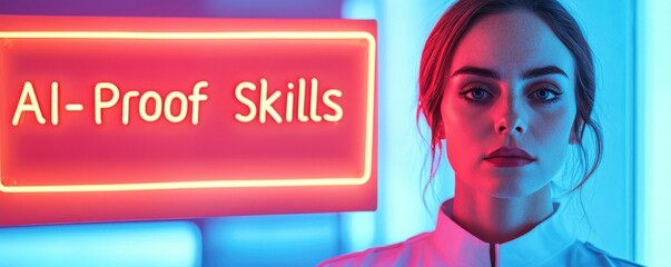 A woman poses confidently in front of a neon sign reading "AI-Proof Skills," emphasizing the importance of skills resilient to artificial intelligence.