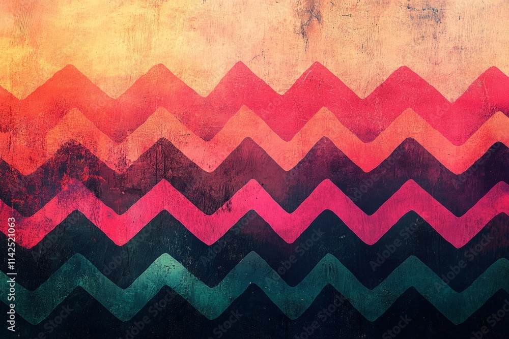 Poster vibrant zigzag stripes create a dynamic pattern against a grunge textured backdrop, blending retro a