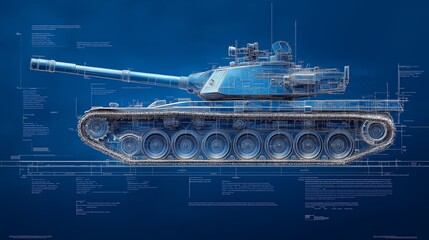 Blueprint of tank parts on a blue background.