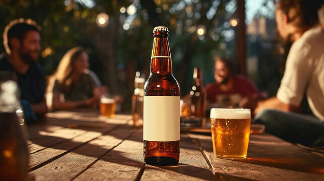 mocap glass bottle of beer stands on a table in the background of a party 