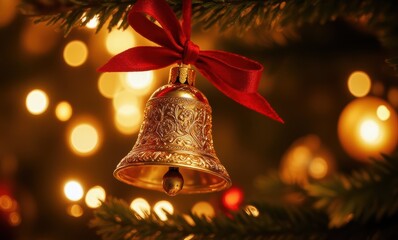 Golden Christmas bell with red ribbon