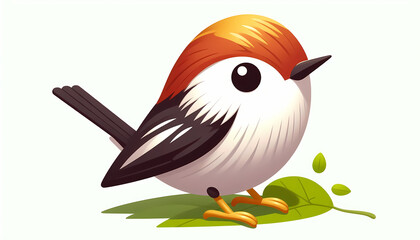 Obraz premium Cute illustrated bird with a bright orange head and a plump body, perched on a green leaf.
