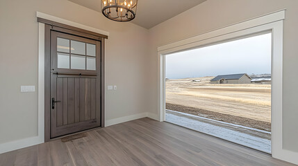 Interior Room View with Wooden Door and Winter Landscape