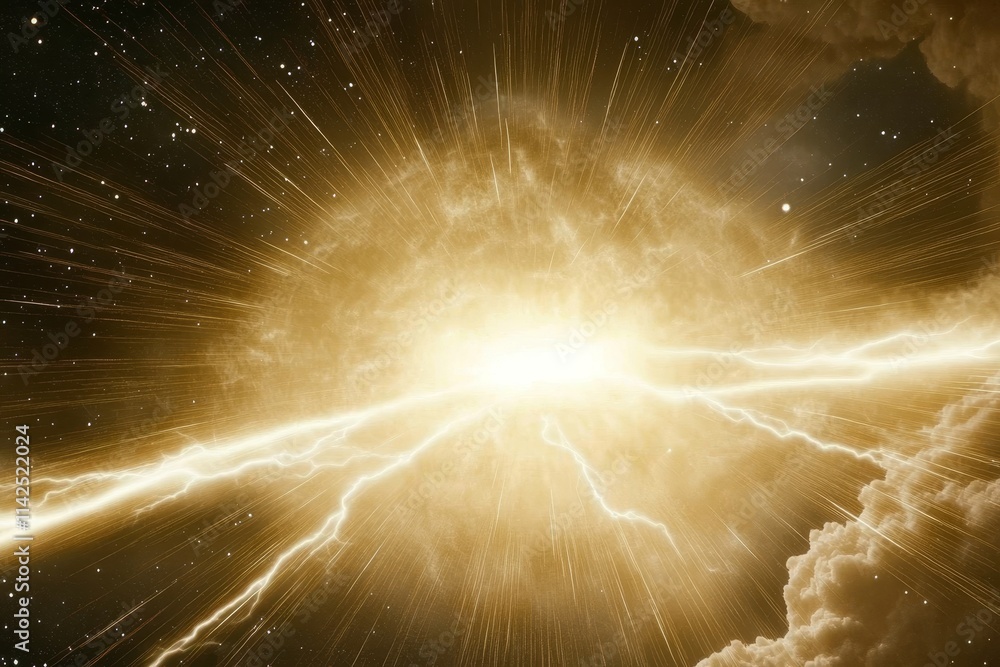 Poster dramatic cosmic explosion with bright rays and stellar background creating a stunning visual of cele