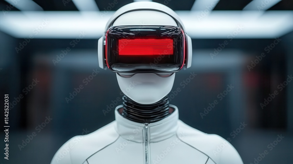 Poster a futuristic robot with a sleek design and a high-tech visor, set against a modern, illuminated back