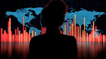 silhouette of woman observing vibrant forex chart with world map backdrop, symbolizing global finance and market analysis