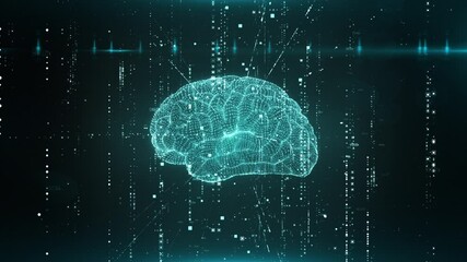 Futuristic human brain interface concept. Human brain and plexus structure revolving with skull scan and digits orbiting around. Deep learning, AI and modern technology 3D render - Powered by Adobe