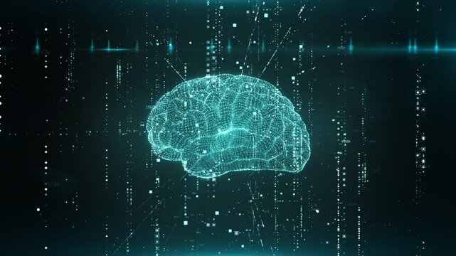 Futuristic human brain interface concept. Human brain and plexus structure revolving with skull scan and digits orbiting around. Deep learning, AI and modern technology 3D render
