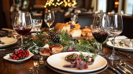 Christmas dinner celebration with festive feast cozy restaurant setting culinary delights holiday atmosphere tabletop perspective